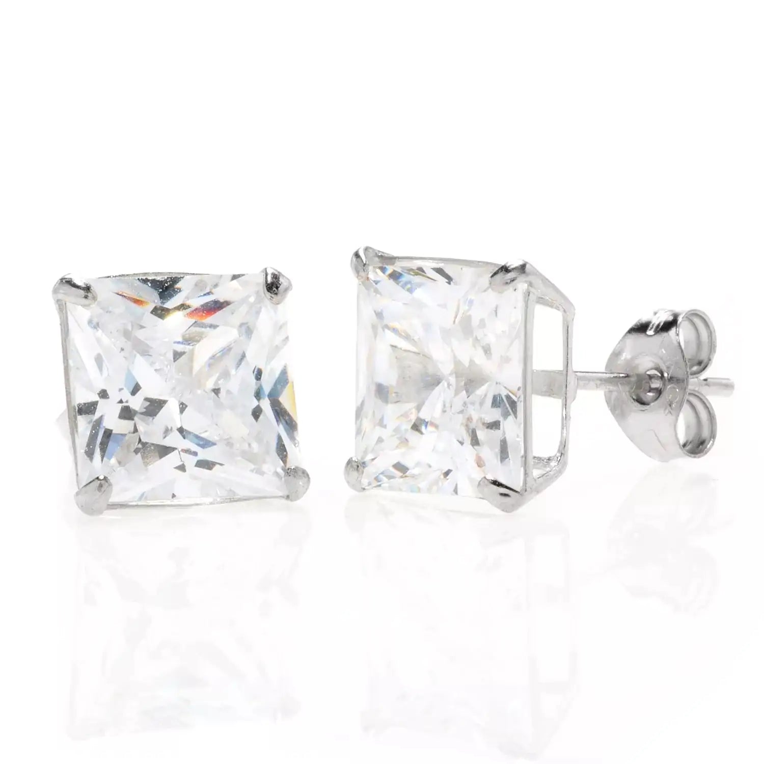 14K White Gold Square Basket Set Simulated Diamond Stud Earrings - Timeless Elegance