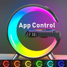 Multifunctional Wireless Charger Alarm Clock with rainbow LED lighting and app control feature, showcasing multiple color options and digital clock display.